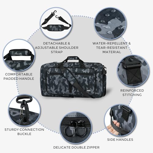 Fmeida 65L Duffle Bag Foldable Travel Duffel Bags for Men Women Travel Bag - color: Glossy BlackCamo
