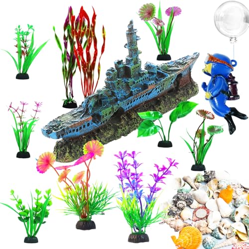 Aquarium Accessories - Resin Sunken Warship Ornament Set, Fish Castle | Betta Fish Hideout Cave, 10 Artificial Aquatic Plants, 30-40 Seashells, 1 Floating Diver, Fish Tank Shipwreck Accessories