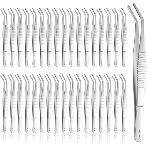 35 Pcs Stainless Steel Tweezers with Curved Serrated Tip, 6" Sewing Machine Tweezer Non-Slip High Precision Multipurpose Tweezer for Craft Sewing Repair Supplies, Silver