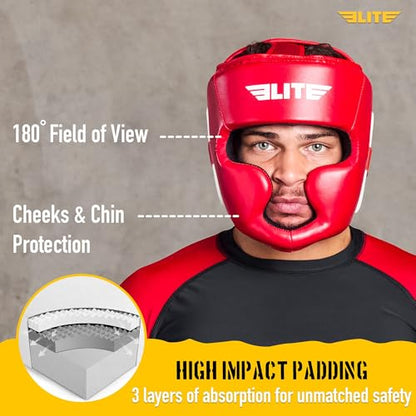 Elite Sports Boxing Headgear Men, Boxing Head Guard Sparring Gear, MMA Headgear Kickboxing Muay Thai Training Helmet, Protective Fighting Gear, Adjustable Face Protection - color: Red