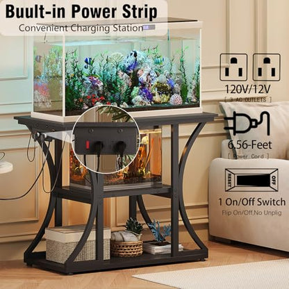 50 Gallon Aquarium Stand with Power Outlets Fish Tank Stand with 3-Tier Storage Shelves Display Stand for Turtle Tank Shelves Metal Frame Stand for Living Room Office Entryway(Black)