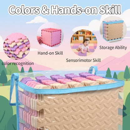 Foam Play Mat, EVA Non-Toxic Interlocking Floor Mats | Tamiplay, ASTM & CPSIA Passed, 11.8 x 11.8″, 0.4″ thick, Non-slip & Waterproof, Easy to clean, Easy Assemble - color: Pink/Beige/Purple, size: 36 Pcs/70.8*70.8