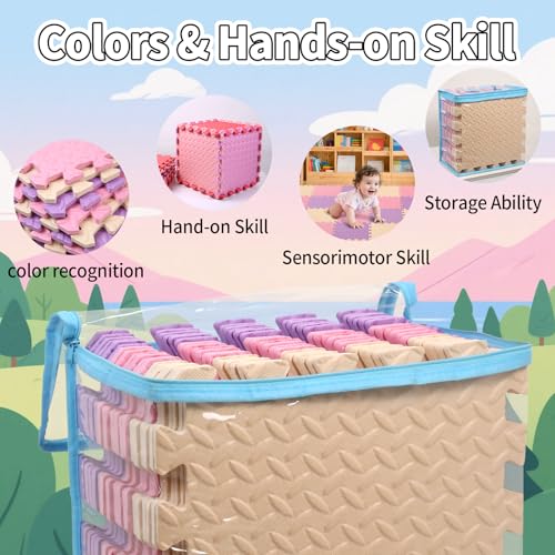 Foam Play Mat, EVA Non-Toxic Interlocking Floor Mats | Tamiplay, ASTM & CPSIA Passed, 11.8 x 11.8″, 0.4″ thick, Non-slip & Waterproof, Easy to clean, Easy Assemble - color: Pink/Beige/Purple, size: 36 Pcs/70.8*70.8