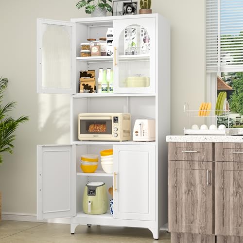 Metal Kitchen Pantry Storage Cabinet，75" Tall Storage Cabinets with 4 Doors and Adjustable Shelves ，White Hutch Cabinet with Microwave Stand,Large Kitchen Cupboard for Dining Room