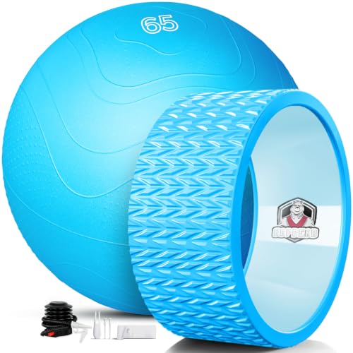 HAPBEAR Yoga Wheel Set with Exercise Ball, 12'' Back Roller Wheel for Back Pain Relief, Foam Roller for Back Stretching, Physical Therapy & Muscle Massage - color: Blue