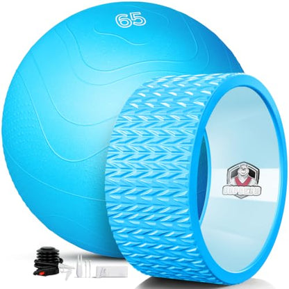 HAPBEAR Yoga Wheel Set with Exercise Ball, 12'' Back Roller Wheel for Back Pain Relief, Foam Roller for Back Stretching, Physical Therapy & Muscle Massage - color: Blue
