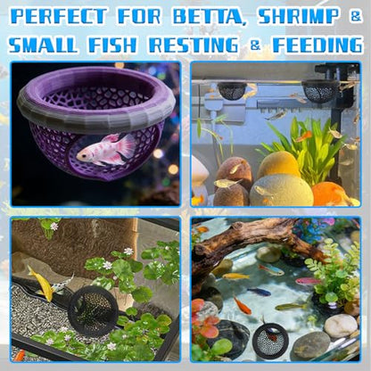 2 Pcs Floating Betta Hammock, 3D Printed Aquarium Betta Fish Hammock with Feeding Ring & Hide Cave, Dual Size Betta Fish Tank Accessories for Betta, Shrimp & Small Fish Resting & Feeding (Black)