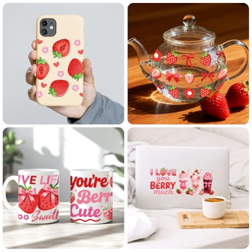 UV DTF Cup Wraps Transfer Stickers Strawberries with Cakes and Bows Pattern, 10 Sheets Waterproof Custom Vinyl Transfer Sticker 16oz Coffee Glass Cup Tumbler Bottle Mug Decals for Men Women - style: Strawberries with Cakes and Bows