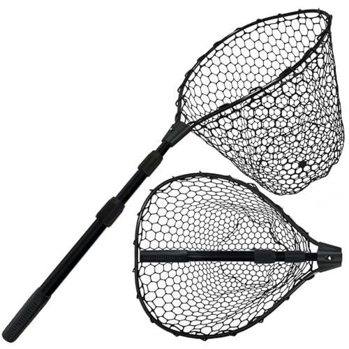 Telescoping Rubber Fishing Net with Handle 64"/46“ Long Silicone Large Fish Landing Net Kayak/Fishpond/Saltwater Extendable Fishing Gear Accessories - color: Black:3-section pole|length:63.7"