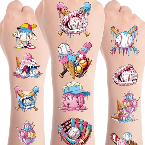 8 Sheets 200+ Ice Cream Drip Baseball Temporary Tattoos Stickers Baseball Ice Cream Themed Decorations Favors Baseball Sport Team Tattoo Stickers Gifts Rewards Supplies - color: Drip Baseball