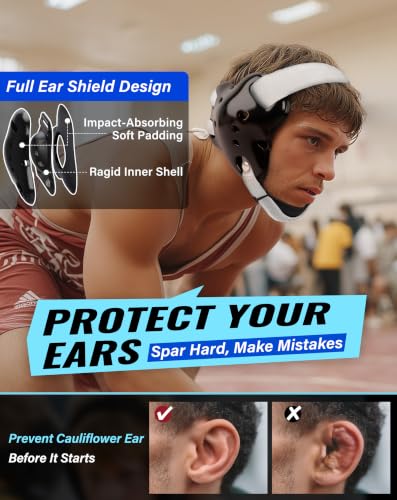 Trymaker Wrestling Headgear, Youth Head Gear with Chin Cup & Pad - color: Black Headgear & White Strap