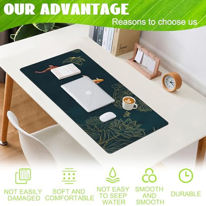 Large Gaming Mouse Pad, Koi Fish Ink Painting Desk Mat, Golden Line Lotus Desk Pad, Extended Big Computer Keyboard Mouse Pad with Non-Slip Base and Stitched Edge, 35.4"x15.7"