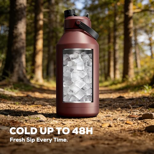 POWCAN 64 oz Insulated Water Bottle with Carrier Bag, Leakproof, Straw and Spout Lid, Keep Cold 48H, Cleaning Brush, BPA-Free, Stainless Steel Water Bottle for Travel, Sports and Picnic (Cocoa) - color: Cocoa