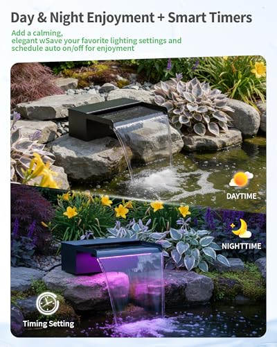 8inch Pond Waterfall Spillway with RGB LED Lights & 660GPH Pond Pump- APP/Remote Control, 304 Stainless Steel Pond Spillway with 9.8FT Tubing for Garden Ponds Landscape Water Features-P42DY - size: 8INCH with Remote Lights