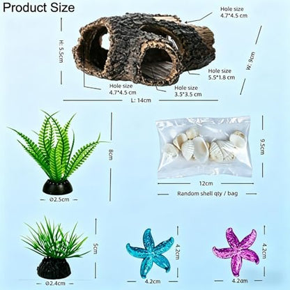 Fish Tank Decorations Set - Aquarium Decor Accessories with Aquarium Plants, Resin Hollow Tree Trunk Cave Hideout, Some Artificial Starfish & Shell Ornaments for Betta Fish Tanks