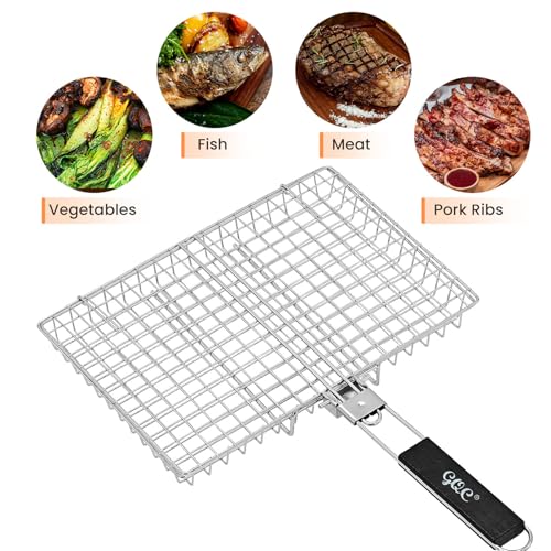 Portable BBQ Grill Basket, Fish Grill Baskets ,Folding Portable Fish Grilling Rack For Grill, 12.6x8.82x 1.97Inch, Heat-Resistant Handle, Stainless Steel Grill Basket For Veggies, Shrimp, Meat Cook