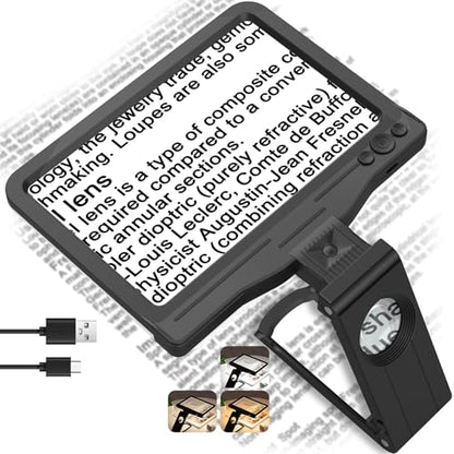 30X 6X Rechargeable Magnifying Glass for Reading, Large Full Page Magnifier with Folding Stand, 3 Color Light Modes, Dimmable LED Lighted, Hands Free Book Magnifier for Fine Prints Low Vision Seniors