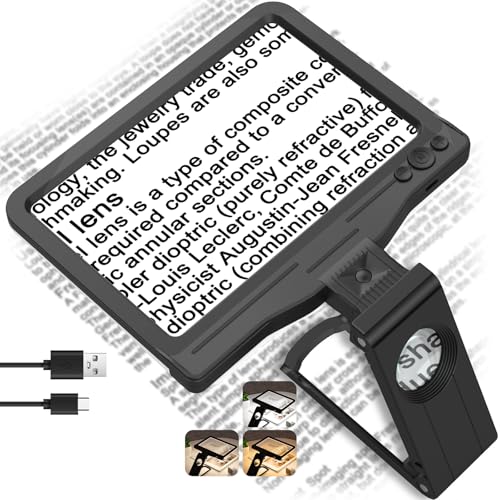 30X 6X Rechargeable Magnifying Glass for Reading, Large Full Page Magnifier with Folding Stand, 3 Color Light Modes, Dimmable LED Lighted, Hands Free Book Magnifier for Fine Prints Low Vision Seniors