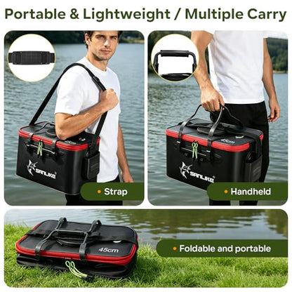SANLIKE Foldable Live Fish Bucket, EVA Fishing Bait Bucket, 35/40/45CM Collapsible Fish Container, Leakproof Livewell for Kayak Boat Bank Fishing, Black/Army Green - color: Black-45cm