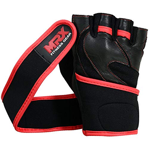 MRX Weight Lifting Pro Level Gloves with 18 Inches Long Wrist Strap Gym Workout Exercise & Fitness in - color: Black/Red-2615, size: XX-Large