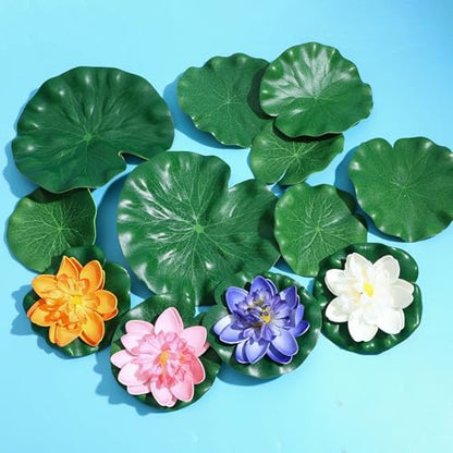 16 Pieces Artificial Floating Foam Lotus Flowers with Lotus Leaves Pond Plants Ornament Realistic Lily Pads Floating for Pond Pool Aquarium Water Decoration