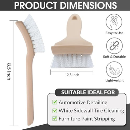 Nanoskin 8.5 Inch Multi-Purpose White Nylon Utility Scrub Brush - Ideal for Automotive Detailing, White Sidewall Tire Cleaning, Furniture Paint Stripping | Heavy Duty Nylon Bristles, Ergonomic Handle - color: White and Beige, size: 8.5"