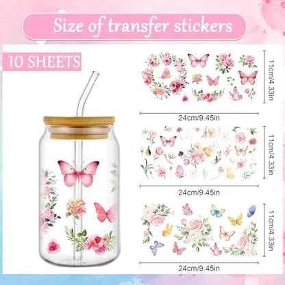UV DTF Cup Wrap - 10 Sheets Spring Flower UV DTF Cup Wraps for 16 oz Glass, Wildflower Butterfly UVDTF Decals for Water Bottle, Waterproof Floral Rub on Transfer Stickers, DIY Crafts - style: Spring Flower