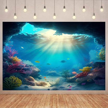 6x4ft Under The Sea Backdrop Summer Blue Ocean Fish Coral Photography Background Underwater Cave Sunlight Deep Sea Scenery Backdrops Fish Tank Background Aquarium Wallpaper Photo Booth Props