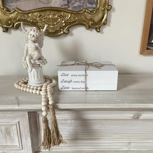 Decorative Books for Home Decor, White Faux Books for Decoration, Rustic Farmhouse Stacked Display Books with 52in Wood Bead Garland for Coffee Tables Living Room, (Live Laugh Love) - style: Live Laugh Love
