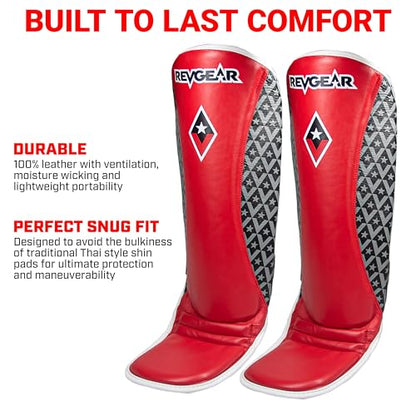 Revgear Superlite Light Weight Leather Shin Guards | for Martial Arts/MMA - color: Red, size: Small