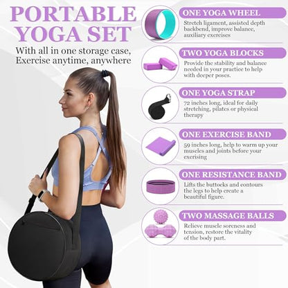 All in One Yoga Wheel Set, Soft Foam Roller Wheel for Back Pain & Stretching, Yoga Blocks 2 Pack with Strap, Trigger Point Therapy Massage Ball for Deep Tissue, Yoga Starter Kit for Beginner - color: C1, Purple