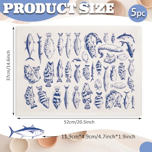 PLIGREAT 5 Pcs Fish Pattern Underglaze Transfer Paper, 20.5x14.6in Blue Ceramic Decals Lake Fishes Under Glaze Transfers Art DIY Sticker for Pottery Enamel Decals DIY Handicraft Supplies - style: Fish