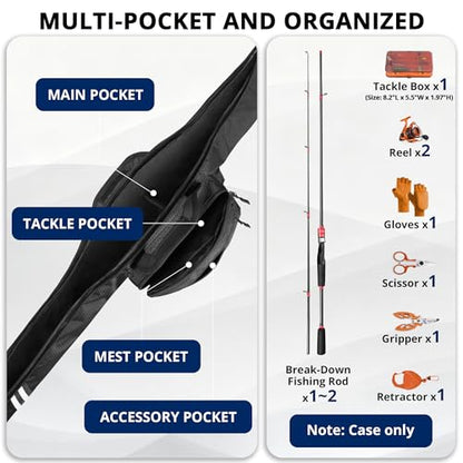 Fishing Rod Case, 52inch Fishing Pole Bag (3.9ft-4.4ft) with Tackle Pockets, Fits Break-Down Spinning Rod Reel Combo, Padded Soft Rod Bag with Strap Handle, Pole Travel Case For Angler