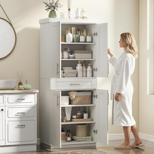HOMCOM 72" Kitchen Pantry Cabinet, Freestanding Tall Storage Cabinet with 4 Doors, Drawer and 3 Adjustable Shelves for Dining Room, White - color: White