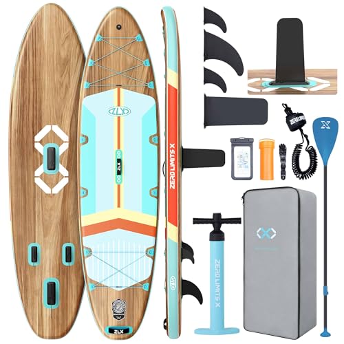 11'6"x35" Inflatable Paddle Board for Adults, Extra Wide Stable SUP | Stand Up Paddleboard, Non-slip EVA Deck, Complete Accessories, Unique Center Fin, for All Skill Levels Paddling On Any Water - color: Brown Wood
