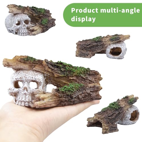 Skull Aquarium Decorations - Resin Fish Tank Rock Cave with Realistic Tree Hole, Hollow Hideout for Betta, Shrimp, Axolotl, Gothic Water Tank Ornament