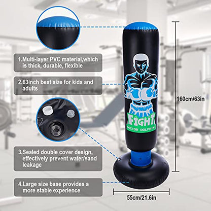 Inflatable Kids Punching Bag with Stand 63 inch with Stand Freestanding Punching Bag with Bounce Back Tall 63 inch Fitness Boxing Bag for Practice Kickboxing Taekwondo MMA Karate for Kids and Adults
