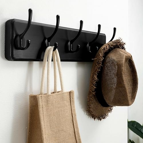 SKOLOO Rustic Coat Rack Wall Mount, 5 Hooks, 17 Inch, Solid Wood, Black - color: Black, size: 17 inch
