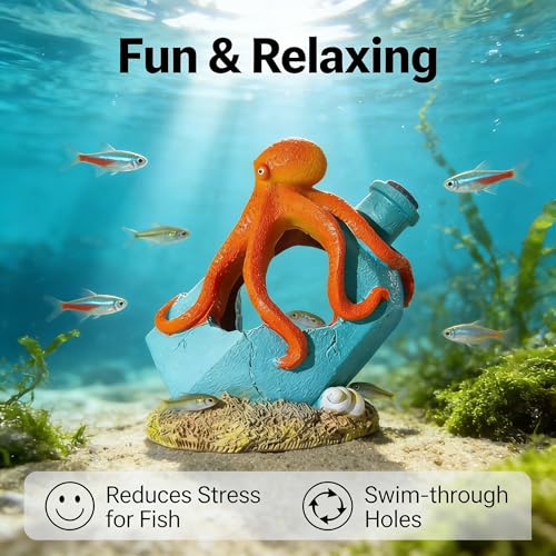 Resin Octopus and Broken Bottle Aquarium Ornament, Fish Tank Decor Hideout for Shrimp and Small Aquatic Species, Blue
