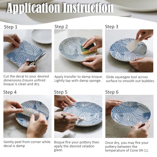 SUPERDANT 5PCS Fish and Waves Underglaze Paper Transfer Chinese Style Transfer Paper for Clay Ceramic Porcelain Under Glaze Transfers for Pottery Enamel Decals Blue Underglaze Papers Handcrafted Gifts - style: Fish and Waves