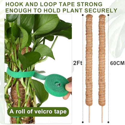 Moss Pole Monstera Plant Support, 2 Ft, 2 Pack Sustainable Coir Bendable Moss Pole Stakes, Plant Sticks for Climbing Vines, Pothos, Potted, Comes with Velcro Tape and Hemp Rope