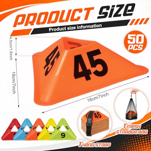 Liliful 50 Pack 1-50 Numbered Sports Cones Bulk, Triangular Soccer Cones for Training Agility Drills with Storage Mesh Bag for Football Practice Coaching Marker Equipment Basketball