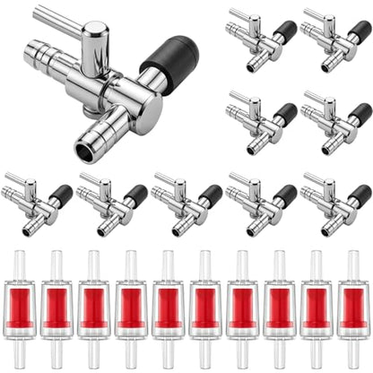 10 Pack Single Way T Shaped Air Flow Control Lever Valve Aquarium Stainless Steel with 10 Pcs Plastic One Way Non Return Valve for Air Pumps Fish Tank Multi-Port Distributor Splitter