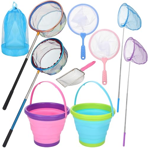 2 Pack Telescopic Kids Fishing Net with Handle, 2 Collapsible Bucket Sand Pail, Stainless Steel Foldable Fishing Net Small Fishing Butterfly Bug Net Beach Shovel with Storage Bag - color: Green Pink Purple Blue