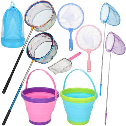 2 Pack Telescopic Kids Fishing Net with Handle, 2 Collapsible Bucket Sand Pail, Stainless Steel Foldable Fishing Net Small Fishing Butterfly Bug Net Beach Shovel with Storage Bag - color: Green Pink Purple Blue