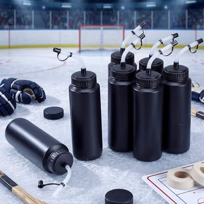 8 Pack Hockey Water Bottles 1 Liter Easy Squeeze Plastic 34 oz Sports Water Bottles with Long Straws for Hockey, Lacrosse, Football, Soccer, Baseball, Gym Sports Helmets (Black) - color: Black