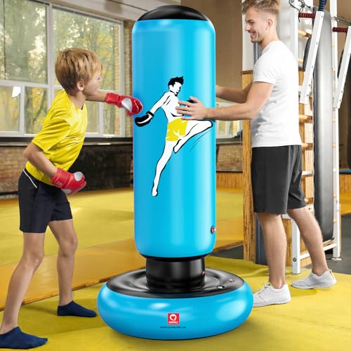 QPAU Inflatable Punching Bag for Kids with Boxing Gloves, 66 in, Blue