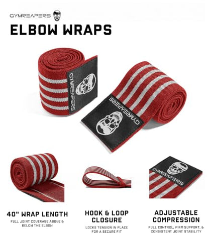 Gymreapers Weightlifting Elbow Wraps (1 Pair) - Flexible 40'' Elbow Compression Strap & Joint Support Brace - for Bench Press, Powerlifting, and Pressing - color: Red/White