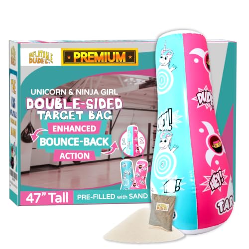 INFLATABLE DUDES Kids Punching Bag- Bop Bag | Sand-Base - color: Pink/Blue - Unicorn/Ninja Girl | Pre-filled with Sand, size: 47"