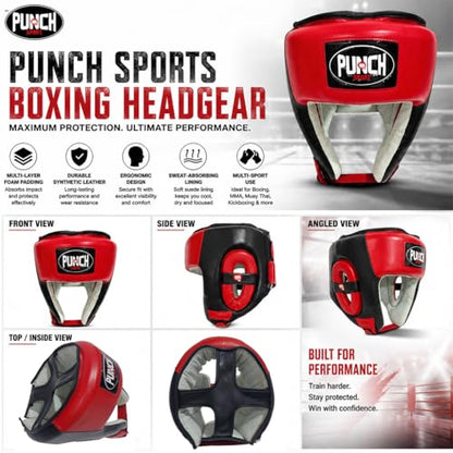 Punch Sports Boxing Headgear with Cheek Protection – Synthetic Leather Sparring Head Guard with Multi-Layer Foam Padding for MMA, Muay Thai & Kickboxing - size: X-Large